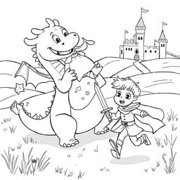 A cute, childish illustration featuring a whimsical dragon playfully lifting a princess in a medieval style setting