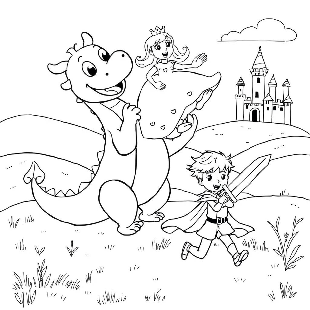 A cute, childish illustration featuring a whimsical dragon playfully lifting a princess in a medieval style setting