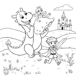 A cute, childish illustration featuring a whimsical dragon playfully lifting a princess in a medieval style setting