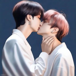 An intimate moment captured between Jungkook and Kim Taehyung, as they share a tender kiss