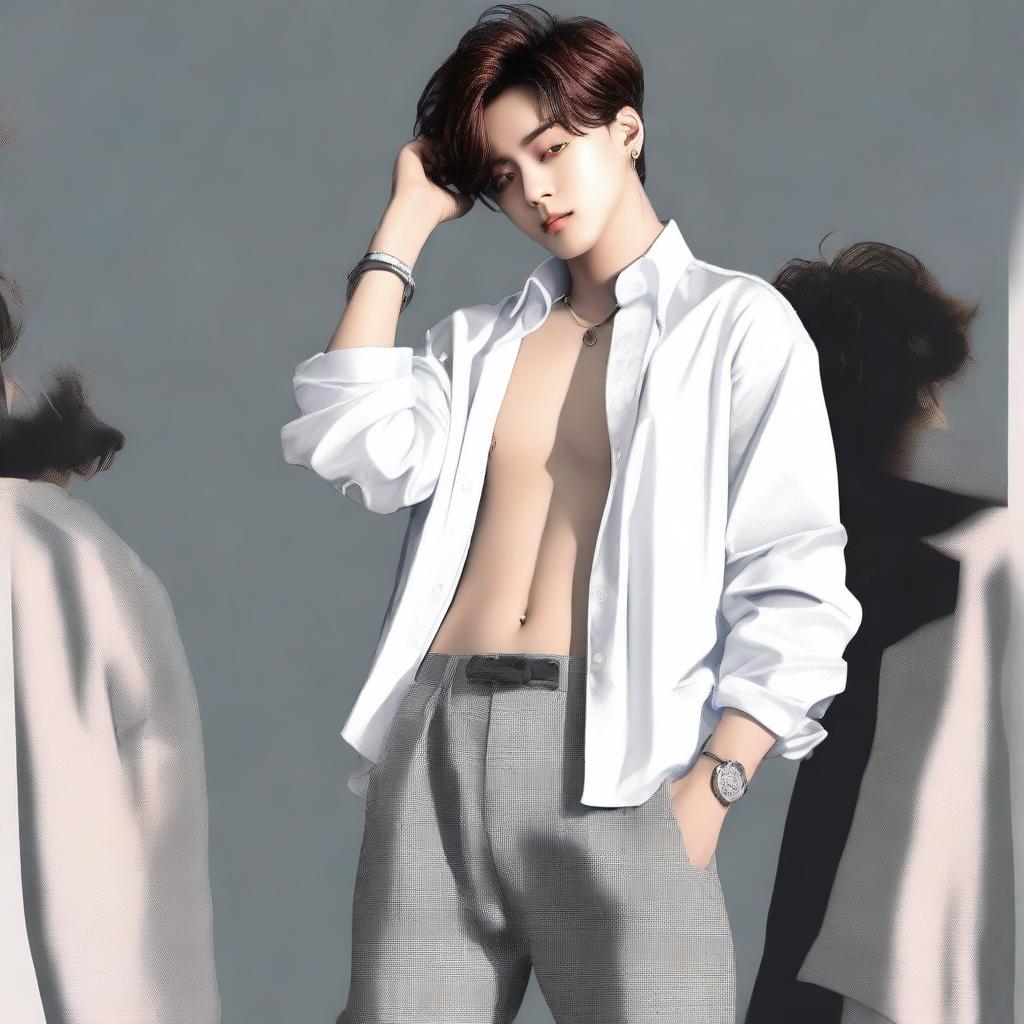 A tastefully rendered digital art image of BTS's Jungkook in the process of changing clothes