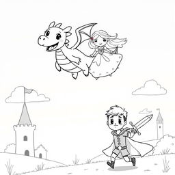 A cute, childish illustration depicting a whimsical dragon attempting to fly away with a princess in a medieval setting
