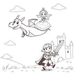 A cute, childish illustration depicting a whimsical dragon attempting to fly away with a princess in a medieval setting