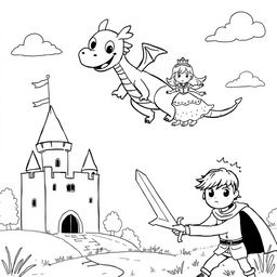A cute, childish illustration depicting a whimsical dragon attempting to fly away with a princess in a medieval setting