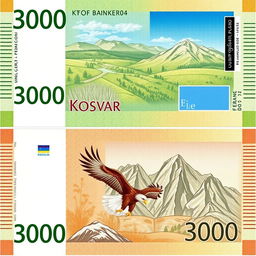 A 3,000 dinar banknote designed in vibrant green and orange colors