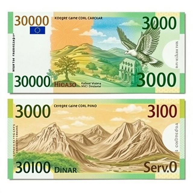 A 3,000 dinar banknote designed in vibrant green and orange colors