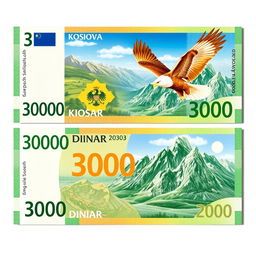 A 3,000 dinar banknote designed in vibrant green and orange colors