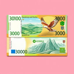 A 3,000 dinar banknote designed in vibrant green and orange colors