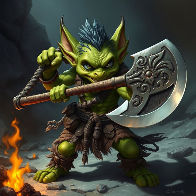 A fierce green-skinned Kobold Fighter in a dynamic battle-ready pose, brandishing a large and intricately carved battle axe