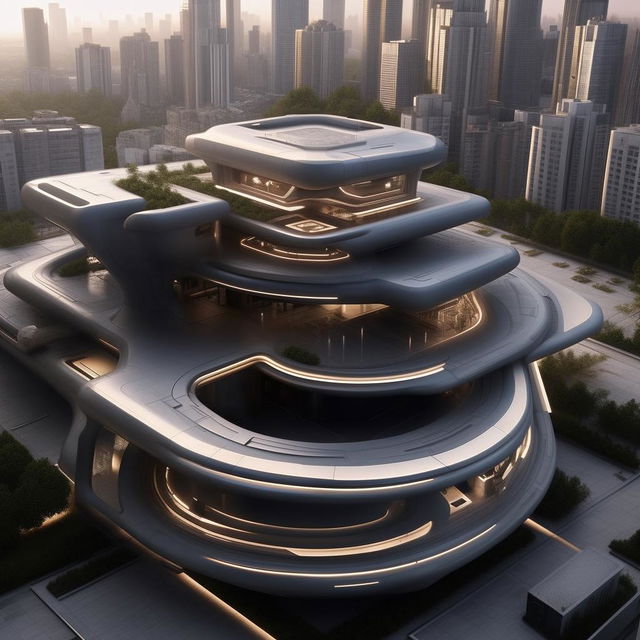 aerial view of futuristic SWAT high-rise headquarters with helipad for in city center in broad daylight based on https://files.dreamhome.software/files/static/36651