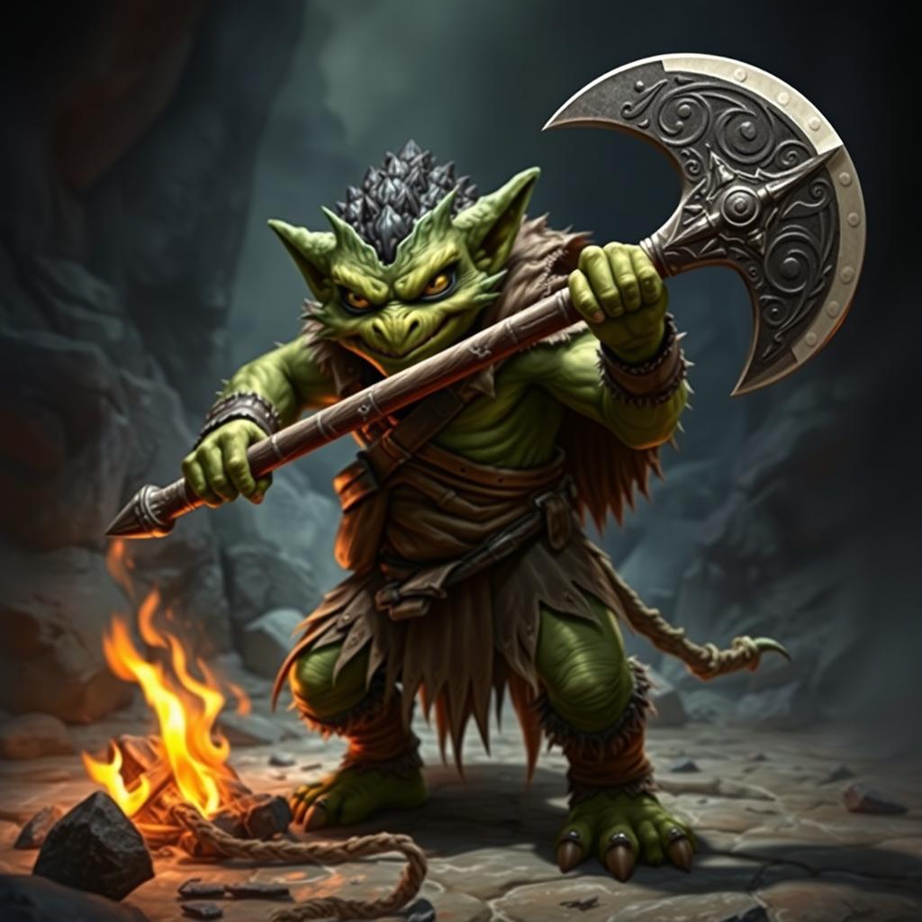 A fierce green-skinned Kobold Fighter in a dynamic battle-ready pose, brandishing a large and intricately carved battle axe