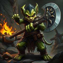 A fierce green-skinned Kobold Fighter in a dynamic battle-ready pose, brandishing a large and intricately carved battle axe