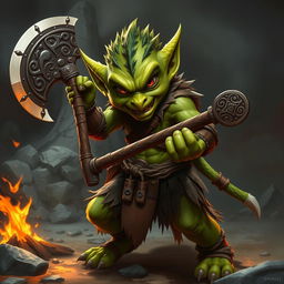 A fierce green-skinned Kobold Fighter in a dynamic battle-ready pose, brandishing a large and intricately carved battle axe