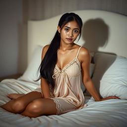 An Indonesian girl with long ponytail hair sitting gracefully on a bed, wearing a delicate negligee