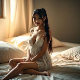 An Indonesian girl with long ponytail hair sitting gracefully on a bed, wearing a delicate negligee