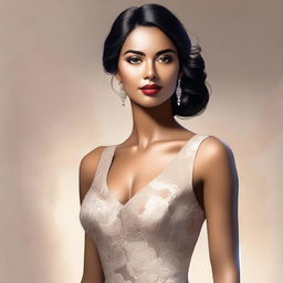 A digital art piece showcasing a woman in a classy and attractive attire