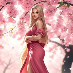 A stunning depiction of Lady Tsunade standing gracefully amidst a beautiful cherry blossom grove
