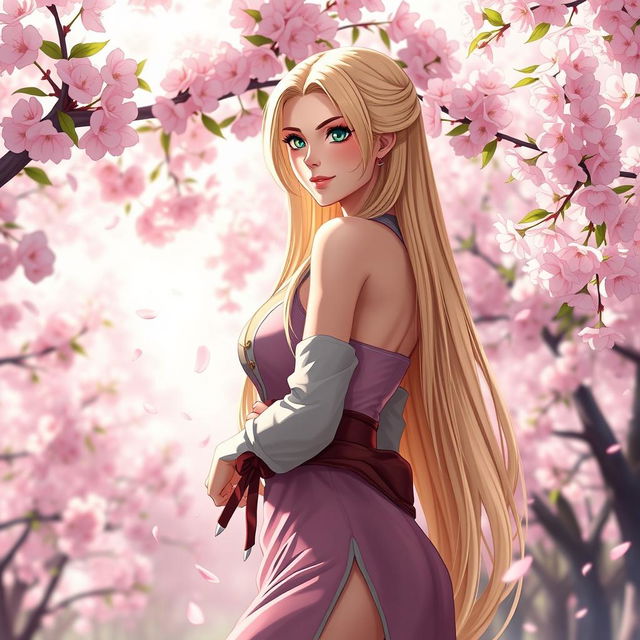 A stunning depiction of Lady Tsunade standing gracefully amidst a beautiful cherry blossom grove