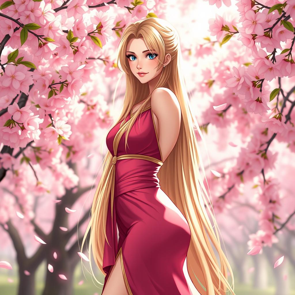 A stunning depiction of Lady Tsunade standing gracefully amidst a beautiful cherry blossom grove