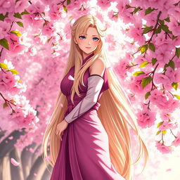 A stunning depiction of Lady Tsunade standing gracefully amidst a beautiful cherry blossom grove