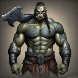 This is a high-quality digital art image showcasing an adult male half-orc barbarian