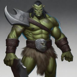 This is a high-quality digital art image showcasing an adult male half-orc barbarian