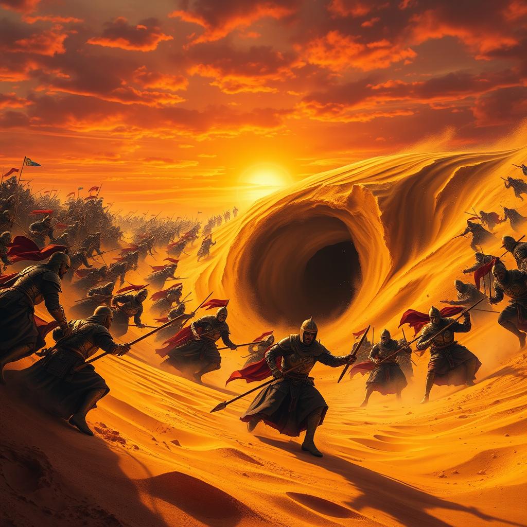 A dramatic scene depicting a vast desert landscape, where the golden sands are swirling as if alive, illustrating the desert opening its vast mouth, ominously consuming an entire army