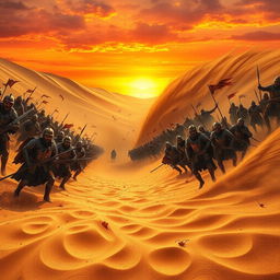 A dramatic scene depicting a vast desert landscape, where the golden sands are swirling as if alive, illustrating the desert opening its vast mouth, ominously consuming an entire army
