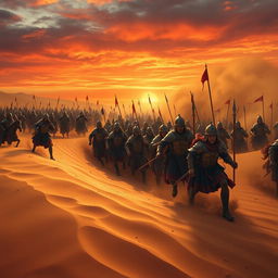 A dramatic scene depicting a vast desert landscape, where the golden sands are swirling as if alive, illustrating the desert opening its vast mouth, ominously consuming an entire army