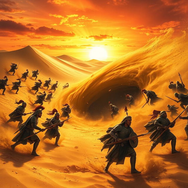 A dramatic scene depicting a vast desert landscape, where the golden sands are swirling as if alive, illustrating the desert opening its vast mouth, ominously consuming an entire army