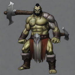 This is a high-quality digital art image showcasing an adult male half-orc barbarian