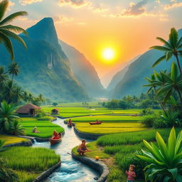 A breathtaking natural landscape depicting a sunrise nestled between two majestic mountains