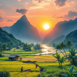 A breathtaking natural landscape depicting a sunrise nestled between two majestic mountains