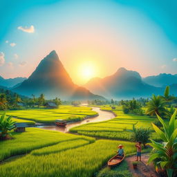 A breathtaking natural landscape depicting a sunrise nestled between two majestic mountains