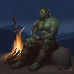 This is a high-quality digital art image that features the same adult male half-orc barbarian, now sitting by a roaring campfire under a starlit sky