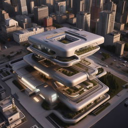 aerial view of futuristic SWAT high-rise headquarters with helipad for in city center in broad daylight based on https://files.dreamhome.software/files/static/36651