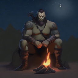 This is a high-quality digital art image that features the same adult male half-orc barbarian, now sitting by a roaring campfire under a starlit sky