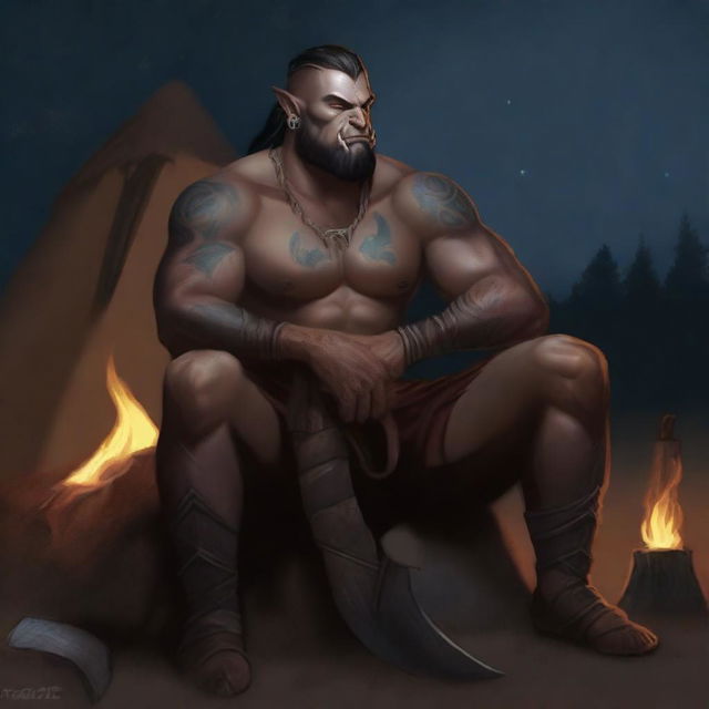 This is a high-quality digital art image that features the same adult male half-orc barbarian, now sitting by a roaring campfire under a starlit sky