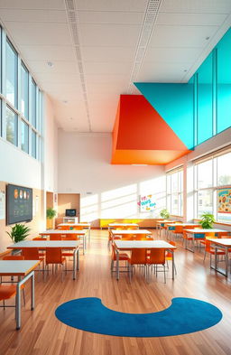 A detailed architectural design rendering of a modern school classroom, featuring sleek, innovative furniture arrangements, large windows for natural light, and vibrant colors