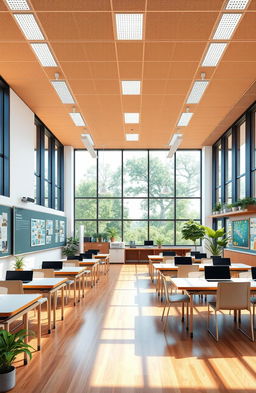 A detailed architectural design rendering of a modern school classroom, featuring sleek, innovative furniture arrangements, large windows for natural light, and vibrant colors