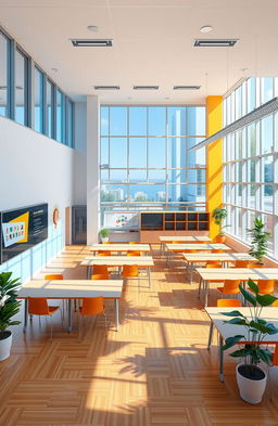 A detailed architectural design rendering of a modern school classroom, featuring sleek, innovative furniture arrangements, large windows for natural light, and vibrant colors