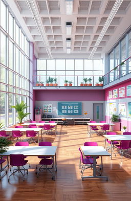 A detailed architectural design rendering of a modern school classroom, featuring sleek, innovative furniture arrangements, large windows for natural light, and vibrant colors