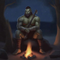 This is a high-quality digital art image that features the same adult male half-orc barbarian, now sitting by a roaring campfire under a starlit sky