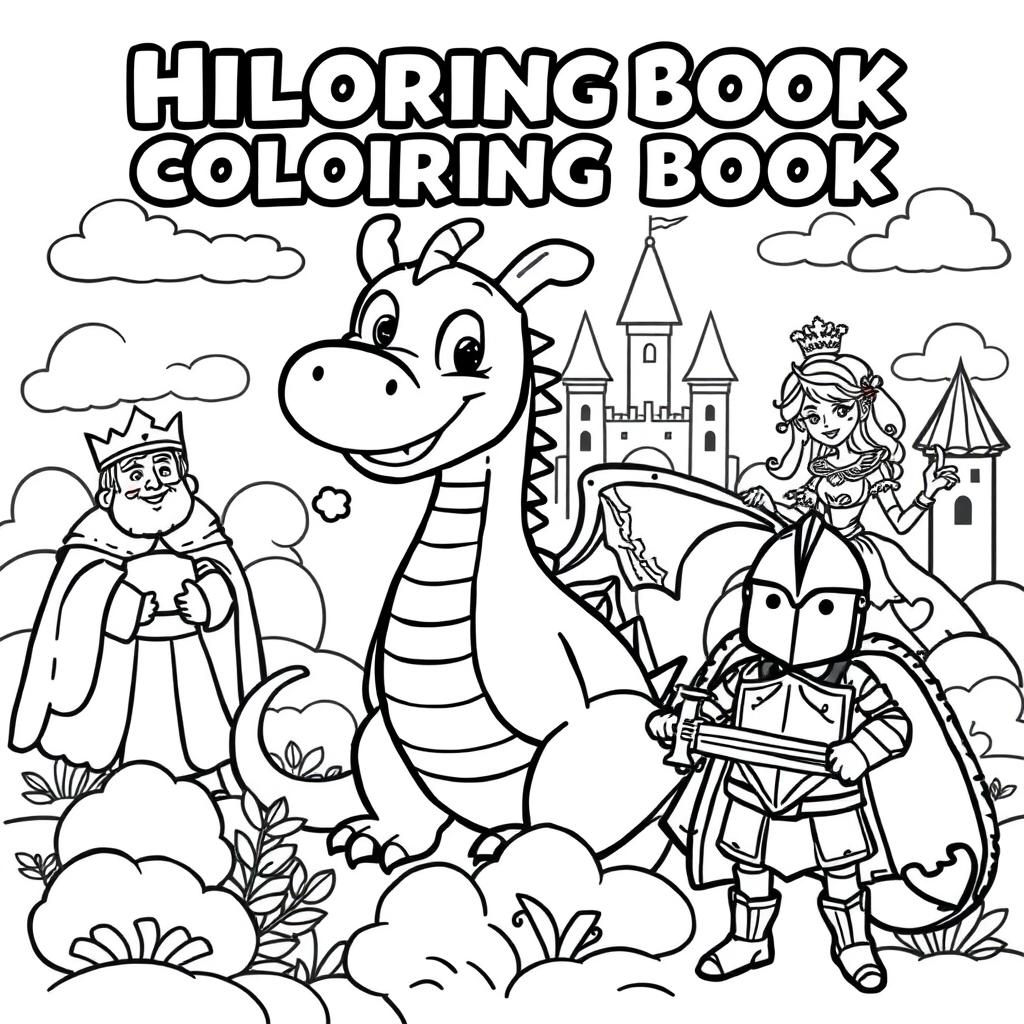 A cute and whimsical cover for a children's coloring book featuring a fantastical scene filled with dragons, kings, princesses, and knights in a medieval setting