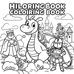 A cute and whimsical cover for a children's coloring book featuring a fantastical scene filled with dragons, kings, princesses, and knights in a medieval setting