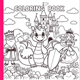 A cute and whimsical cover for a children's coloring book featuring a fantastical scene filled with dragons, kings, princesses, and knights in a medieval setting