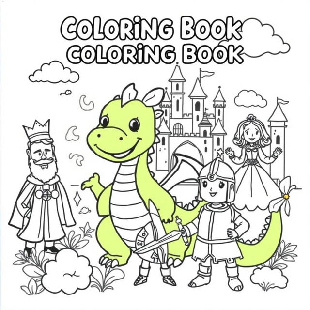 A cute and whimsical cover for a children's coloring book featuring a fantastical scene filled with dragons, kings, princesses, and knights in a medieval setting