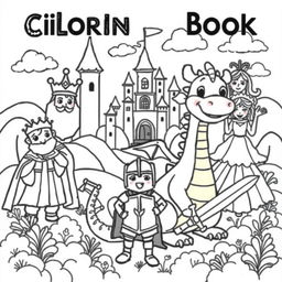 A cute and whimsical cover for a children's coloring book featuring a fantastical scene filled with dragons, kings, princesses, and knights in a medieval setting