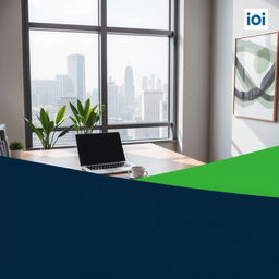 A professional business cover photo design featuring a modern office environment with a large window overlooking a city skyline