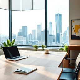 A professional business cover photo design featuring a modern office environment with a large window overlooking a city skyline